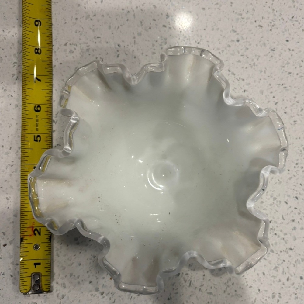 Fenton Milk Glass Ruffled Bowl White Silver Crest Vintage Pedestal Candy Dish - Picture 2 of 3